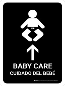 Baby Care With Up Arrow Black Bilingual Spanish Portrait - Wall Sign