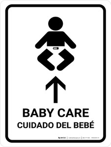 Baby Care With Up Arrow White Bilingual Spanish Portrait - Wall Sign