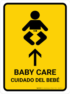 Baby Care With Up Arrow Yellow Bilingual Spanish Portrait - Wall Sign