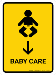Baby Care With Down Arrow Yellow Portrait - Wall Sign