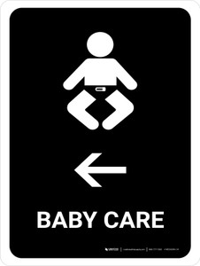 Baby Care With Left Arrow Black Portrait - Wall Sign