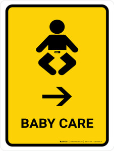 Baby Care With Right Arrow Yellow Portrait - Wall Sign
