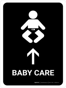 Baby Care With Up Arrow Black Portrait - Wall Sign