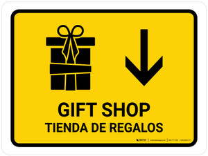 Gift Shop With Down Arrow Yellow Bilingual Spanish Landscape - Wall Sign