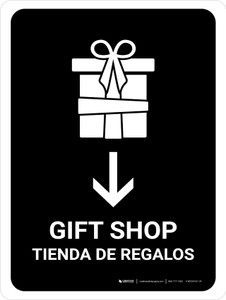 Gift Shop With Down Arrow Black Bilingual Spanish Portrait - Wall Sign