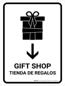 Gift Shop With Down Arrow White Bilingual Spanish Portrait - Wall Sign