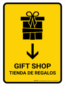 Gift Shop With Down Arrow Yellow Bilingual Spanish Portrait - Wall Sign