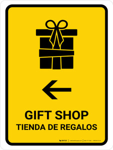 Gift Shop With Left Arrow Yellow Bilingual Spanish Portrait - Wall Sign
