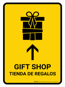 Gift Shop With Up Arrow Yellow Bilingual Spanish Portrait - Wall Sign