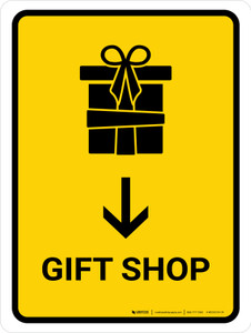 Gift Shop With Down Arrow Yellow Portrait - Wall Sign