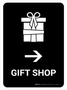 Gift Shop With Right Arrow Black Portrait - Wall Sign
