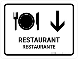 Restaurant With Down Arrow White Bilingual Spanish Landscape - Wall Sign
