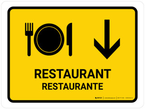 Restaurant With Down Arrow Yellow Bilingual Spanish Landscape - Wall Sign
