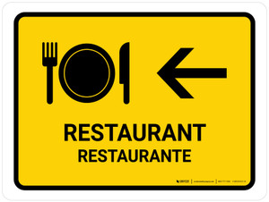 Restaurant With Left Arrow Yellow Bilingual Spanish Landscape - Wall Sign