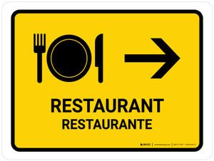 Restaurant With Right Arrow Yellow Bilingual Spanish Landscape - Wall Sign