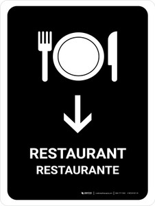 Restaurant With Down Arrow Black Bilingual Spanish Portrait - Wall Sign