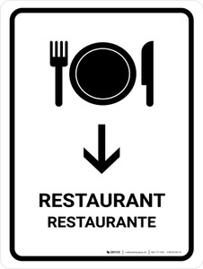 Restaurant With Down Arrow White Bilingual Portrait - Wall Sign