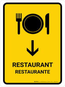 Restaurant With Down Arrow Yellow Bilingual Spanish Portrait - Wall Sign
