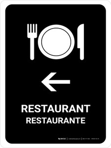 Restaurant With Left Arrow Black Bilingual Spanish Portrait - Wall Sign