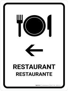 Restaurant With Left Arrow White Bilingual Spanish Portrait - Wall Sign