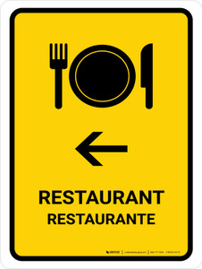 Restaurant With Left Arrow Yellow Bilingual Spanish Portrait - Wall Sign