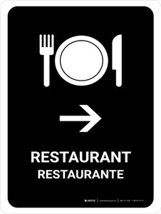 Restaurant With Right Arrow Black Bilingual Spanish Portrait - Wall Sign