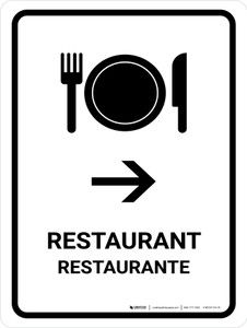 Restaurant With Right Arrow White Bilingual Portrait - Wall Sign