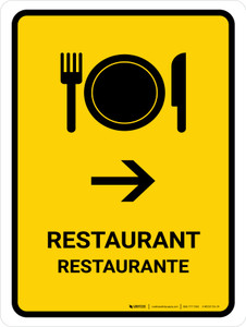 Restaurant With Right Arrow Yellow Bilingual Spanish Portrait - Wall Sign