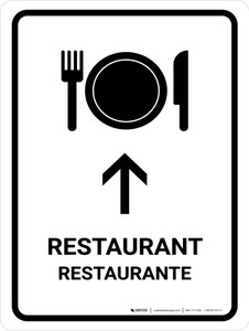 Restaurant With Up Arrow White Bilingual Portrait - Wall Sign