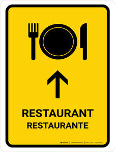 Restaurant With Up Arrow Yellow Bilingual Portrait - Wall Sign