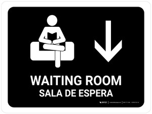 Waiting Room With Down Arrow Black Bilingual Spanish Landscape - Wall Sign