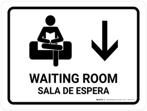 Waiting Room With Down Arrow White Bilingual Spanish Landscape - Wall Sign