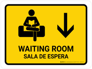 Waiting Room With Down Arrow Yellow Bilingual Spanish Landscape - Wall Sign