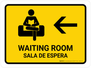 Waiting Room With Left Arrow Yellow Bilingual Landscape - Wall Sign