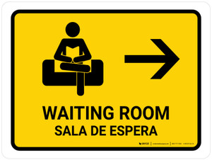 Waiting Room With Right Arrow Yellow Bilingual Spanish Landscape - Wall Sign