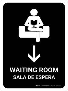 Waiting Room With Down Arrow Black Bilingual Portrait - Wall Sign