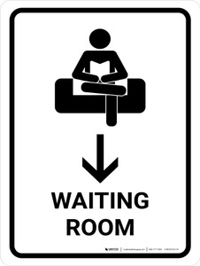 Waiting Room With Down Arrow White Portrait - Wall Sign