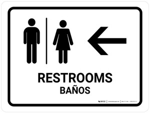 Restrooms With Left Arrow White Bilingual Spanish Landscape - Wall Sign