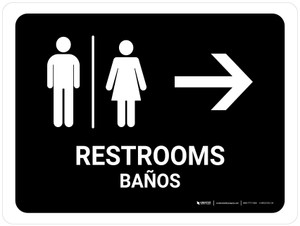 Restrooms With Right Arrow Black Bilingual Spanish Landscape - Wall Sign