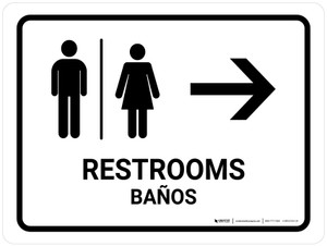 Restrooms With Right Arrow White Bilingual Spanish Landscape - Wall Sign