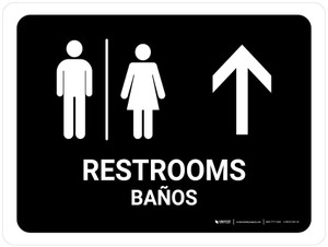 Restrooms With Up Arrow Black Bilingual Spanish Landscape - Wall Sign