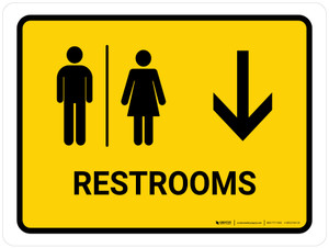Restrooms With Down Arrow Yellow Landscape - Wall Sign