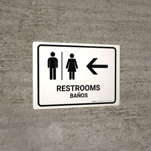 Restrooms With Left Arrow White Landscape - Wall Sign