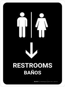 Restrooms With Down Arrow Black Bilingual Spanish Portrait - Wall Sign