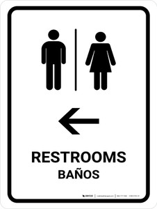 Restrooms With Left Arrow White Bilingual Spanish Portrait - Wall Sign