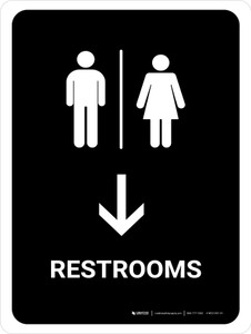 Restrooms With Down Arrow Black Portrait - Wall Sign