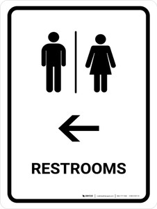 Restrooms With Left Arrow White Portrait - Wall Sign