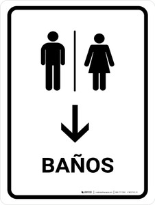 Restrooms With Down Arrow White Spanish Portrait - Wall Sign