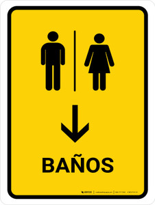 Restrooms With Down Arrow Yellow Spanish Portrait - Wall Sign