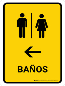 Restrooms With Left Arrow Yellow Spanish Portrait - Wall Sign
